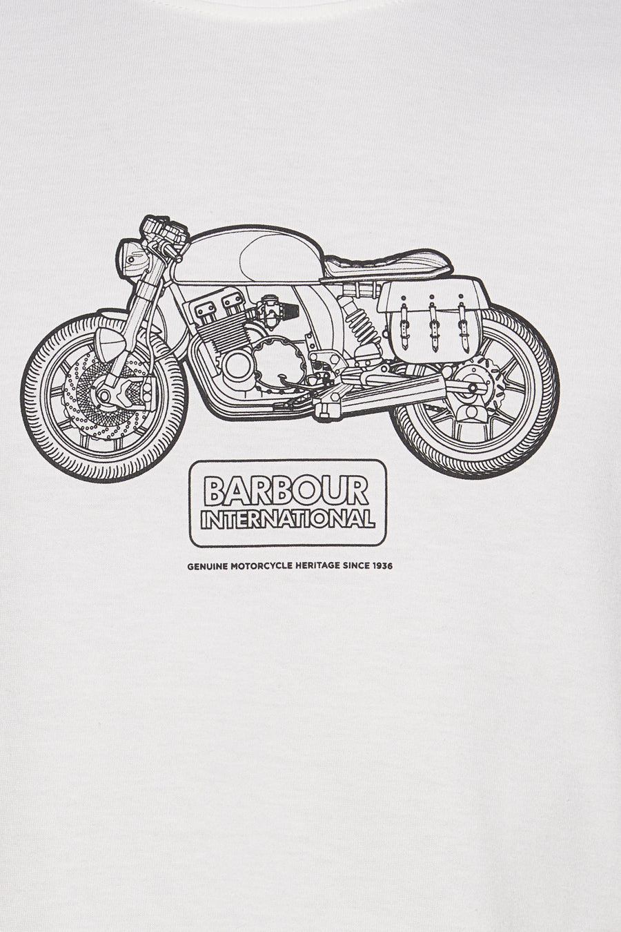 T-shirt blanc à manches courtes de BARBOUR, avec imprimé d'une moto classique en noir.