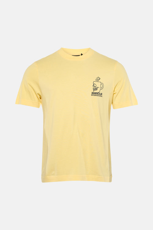 T-shirt à manches courtes jaune de Barbour International, orné d'un motif tasse à café tête de mort.
