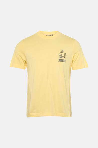T-shirt à manches courtes jaune de Barbour International, orné d'un motif tasse à café tête de mort.
