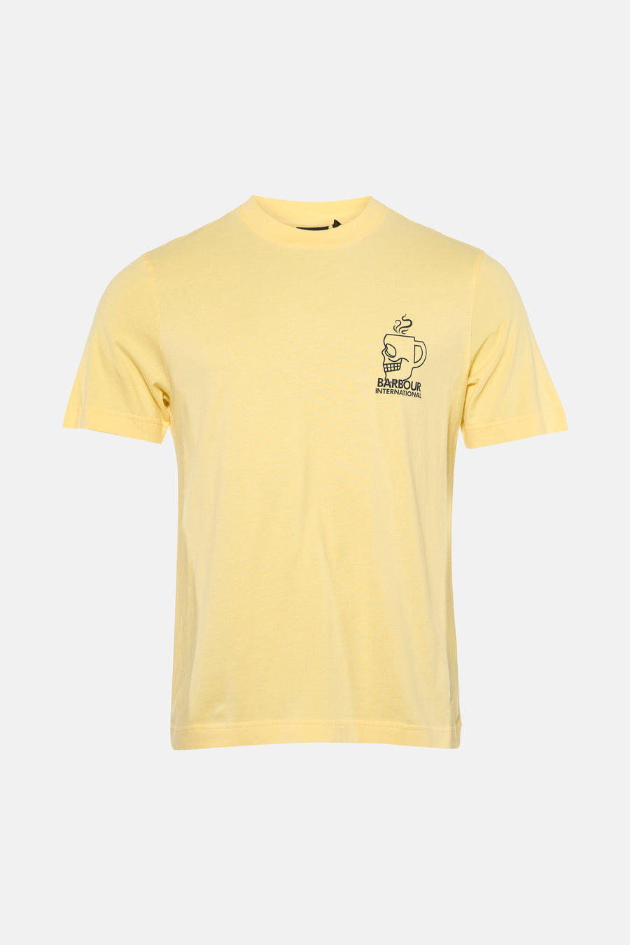 T-shirt à manches courtes jaune de Barbour International, orné d'un motif tasse à café tête de mort.
