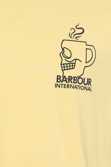 T-shirt jaune à manches courtes de BARBOUR, avec un imprimé tête de mort en forme de tasse de café.
