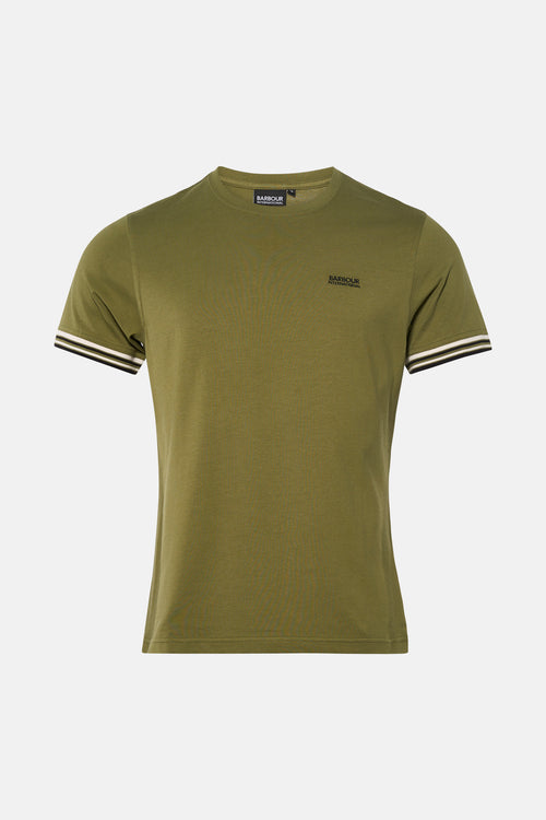 T-shirt vert à manches courtes de BARBOUR, rayures contrastées aux manches.