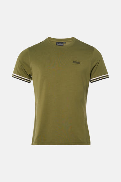 T-shirt vert à manches courtes de BARBOUR, rayures contrastées aux manches.