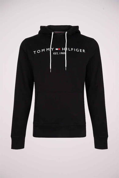 Sweat à capuche noir de TOMMY JEANS avec cordon de serrage blanc et logo imprimé sur le devant.