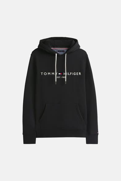 Sweat noir à capuche de TOMMY JEANS, avec cordon blanc et logo imprimé sur le devant.