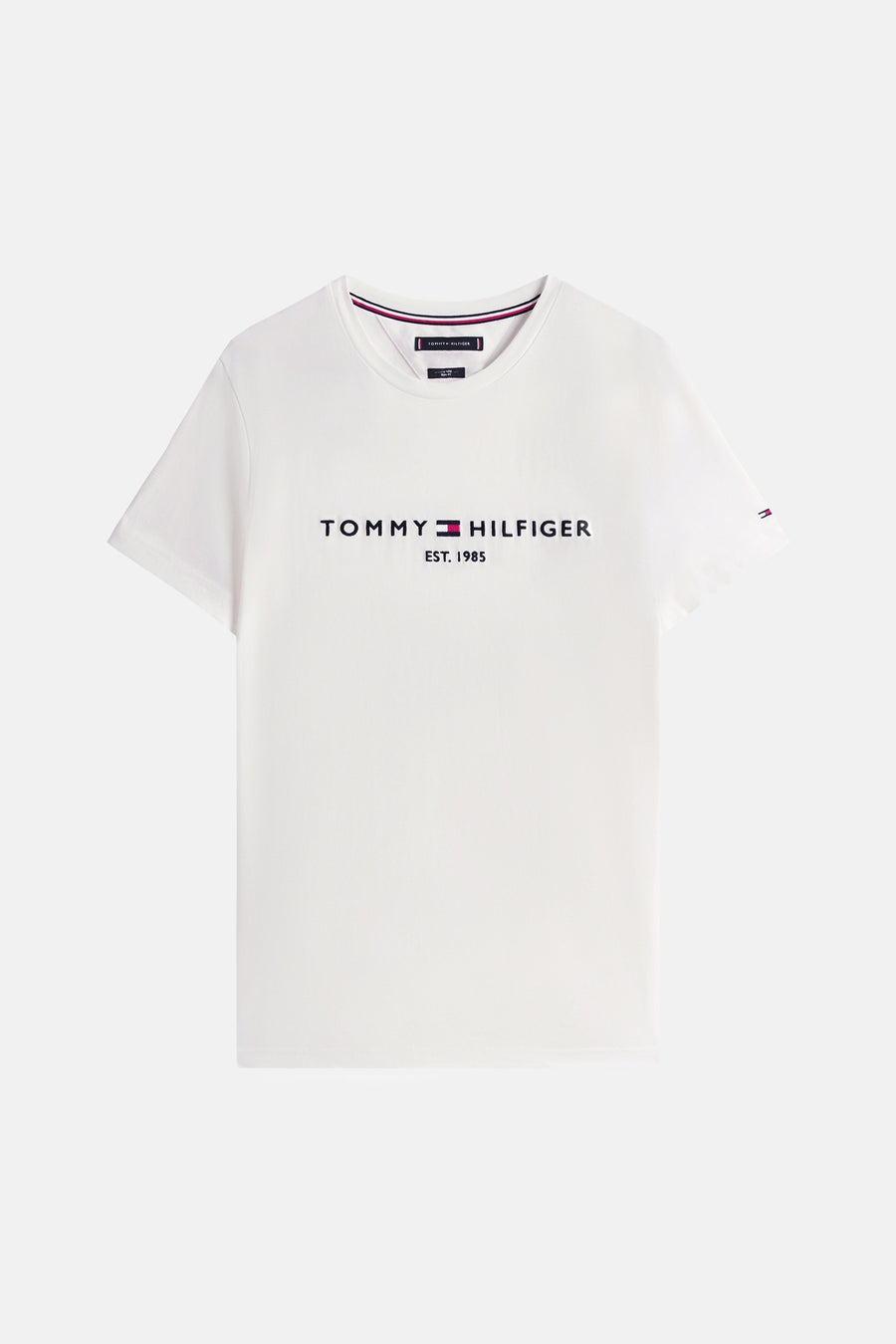 White short-sleeve T-shirt by Tommy Jeans with front logo print, ribbed crew neck, and striped trim.