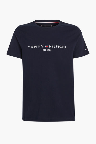 Navy short-sleeve T-shirt by Tommy Jeans with white logo and flag emblem, ribbed crew neck, front view