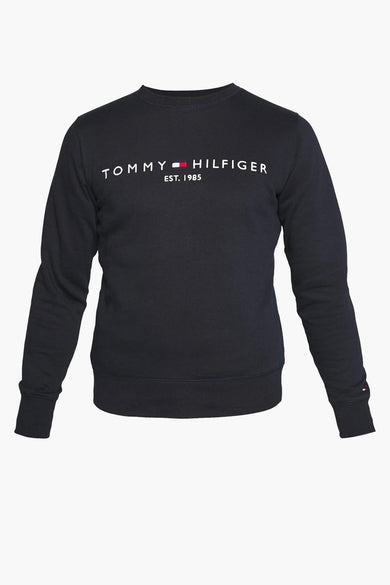 Sweat bleu col rond de TOMMY HILFIGER, avec le logo de la marque imprimé en blanc sur le devant.