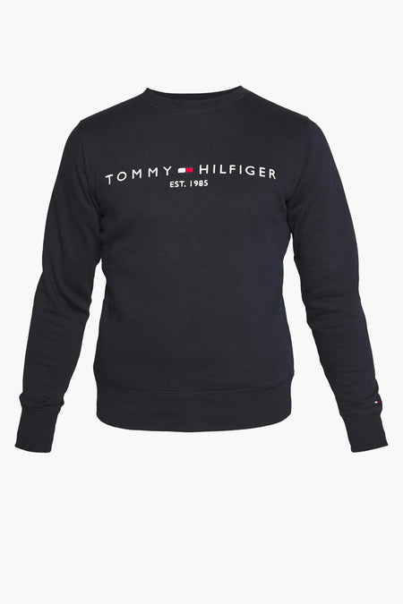 Sweat bleu col rond de TOMMY HILFIGER, avec le logo de la marque imprimé en blanc sur le devant.