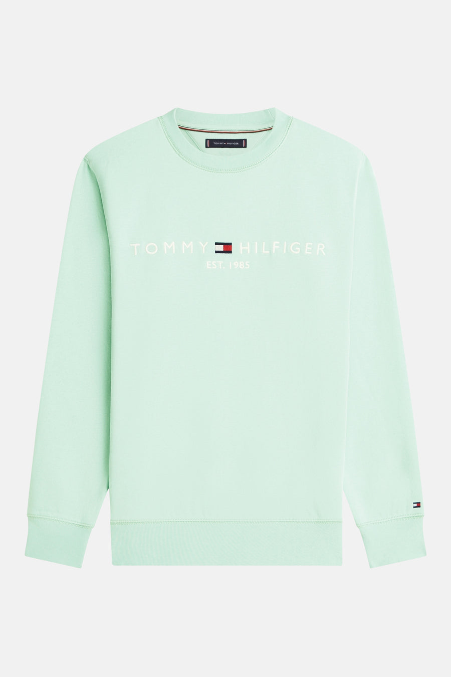 Sweat-shirt vert col rond de TOMMY HILFIGER, avec logo et drapeau emblématique brodé sur le poignet.