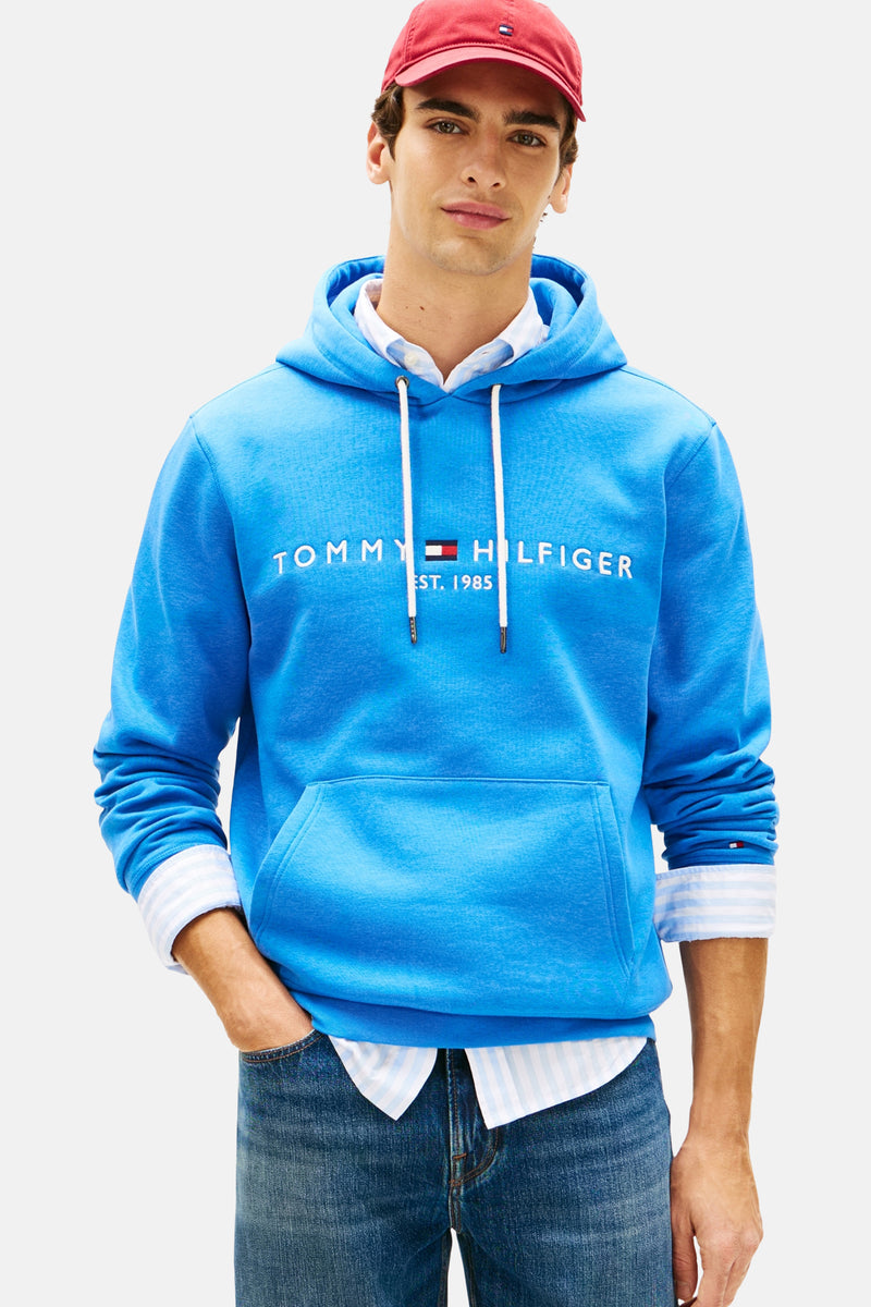 Sweat bleu à capuche de TOMMY HILFIGER, avec cordon de serrage et logo sur le devant, porté sur une chemise rayée.