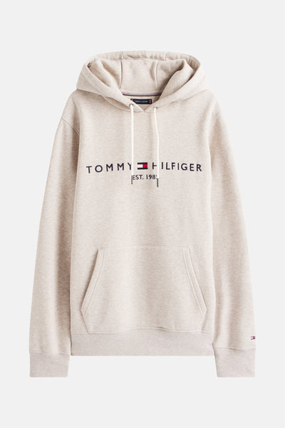 Beige hoodie van Tommy Hilfiger, met geborduurd logo en kangoeroezak.