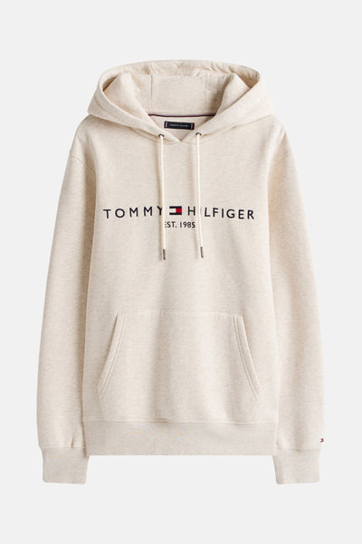 Ecru hoodie van Tommy Hilfiger, met trekkoord en geborduurd logo.