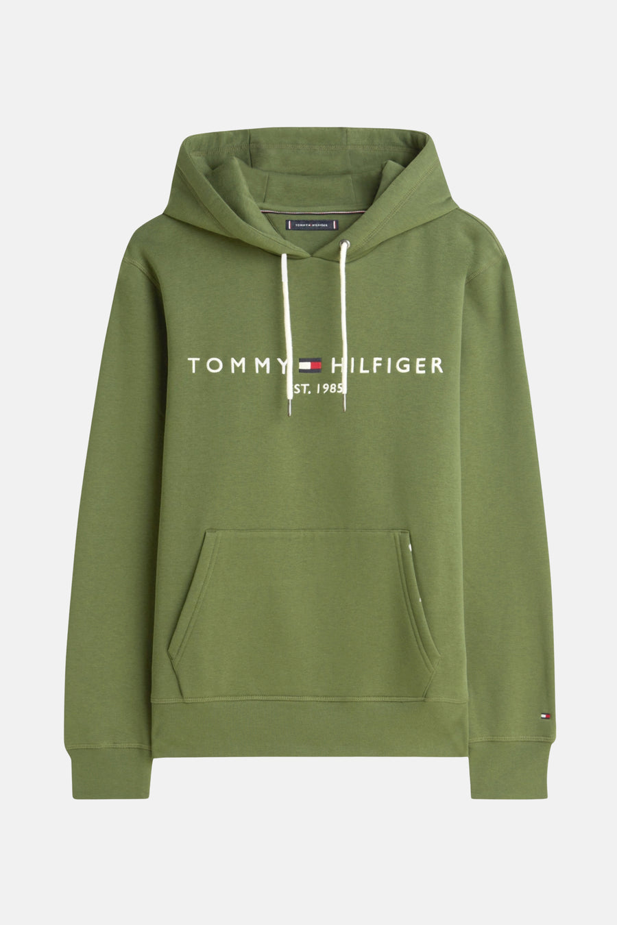 Sweat à capuche vert de Tommy Hilfiger, avec cordon de serrage blanc et logo sur le devant.