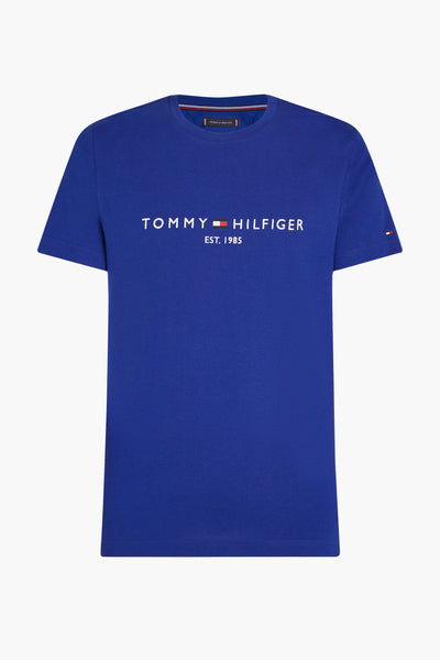Blauw T-shirt met korte mouwen van TOMMY HILFIGER, met wit logo in het midden en kleine vlag op de mouw.