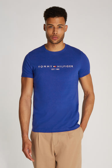 Blauw T-shirt met korte mouwen van TOMMY HILFIGER, met logo en gedragen met een kaki broek.