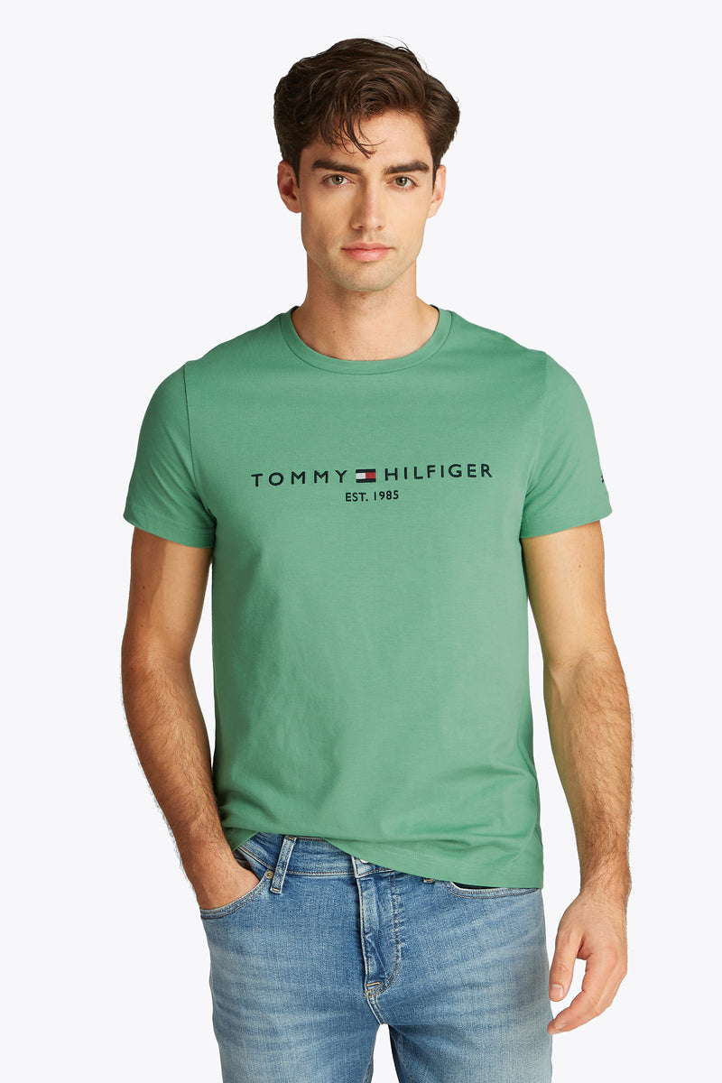 T-shirt vert à manches courtes de TOMMY HILFIGER, porté avec un jean bleu, homme aux cheveux bruns.
