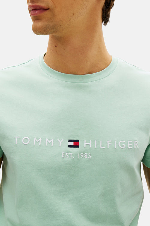 T-shirt à manches courtes vert de TOMMY HILFIGER, avec logo brodé et col rond.