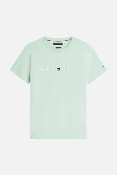 T-shirt à manches courtes vert menthe de Tommy Hilfiger, avec logo brodé sur le devant et drapeau sur la manche.