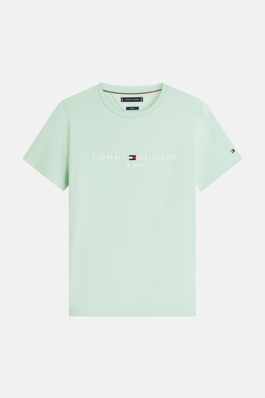 T-shirt à manches courtes vert menthe de Tommy Hilfiger, avec logo brodé sur le devant et drapeau sur la manche.