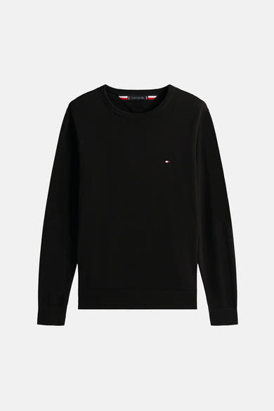 Zwarte rondehals trui van Tommy Hilfiger met geborduurd logo op de borst.