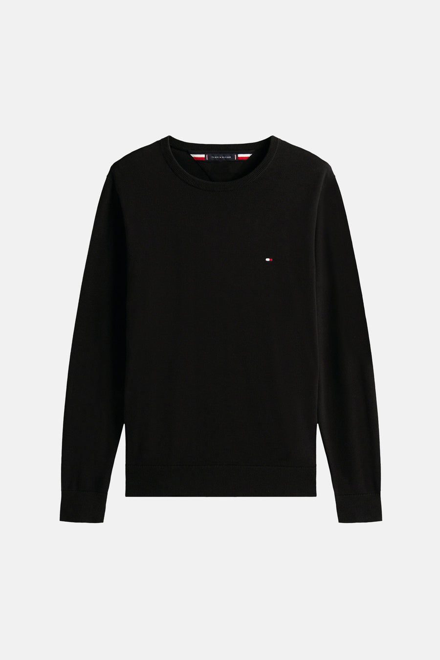 Zwarte rondehals trui van Tommy Hilfiger met geborduurd logo op de borst.