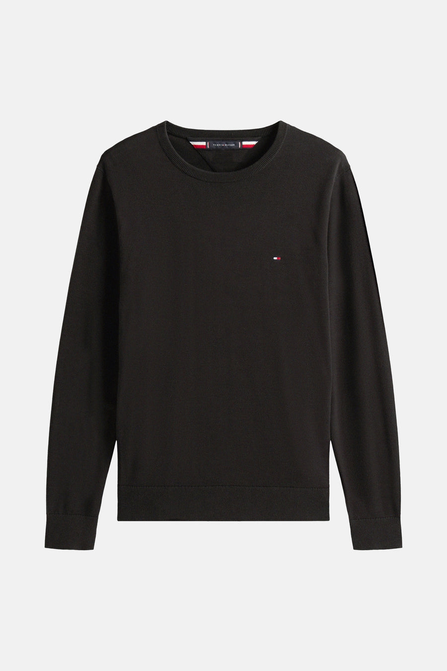 Zwarte trui met ronde hals van Tommy Hilfiger, met een klein discreet logo op de borst.