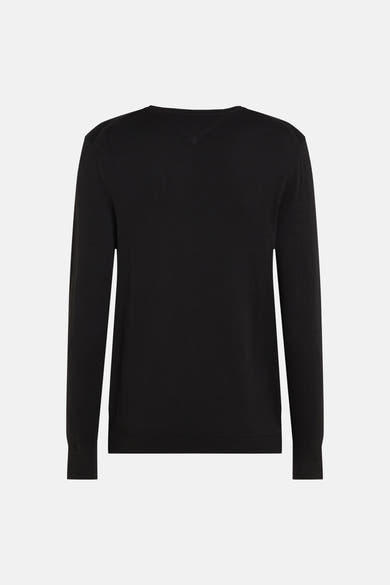 Zwarte rondehals trui van Tommy Hilfiger, in fijne breiwerk, van achteren getoond op een witte achtergrond.