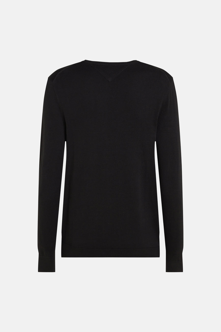 Zwarte rondehals trui van Tommy Hilfiger, in fijne breiwerk, van achteren getoond op een witte achtergrond.