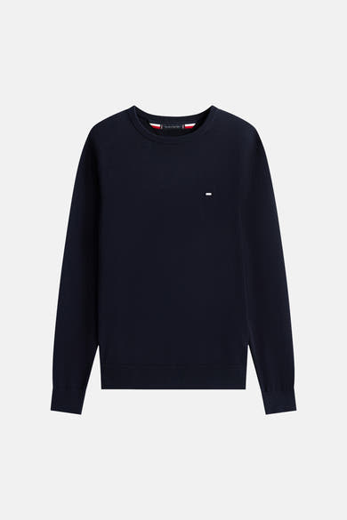 Pull à col rond bleu marine de Tommy Hilfiger, en tricot lisse avec un petit logo discret.