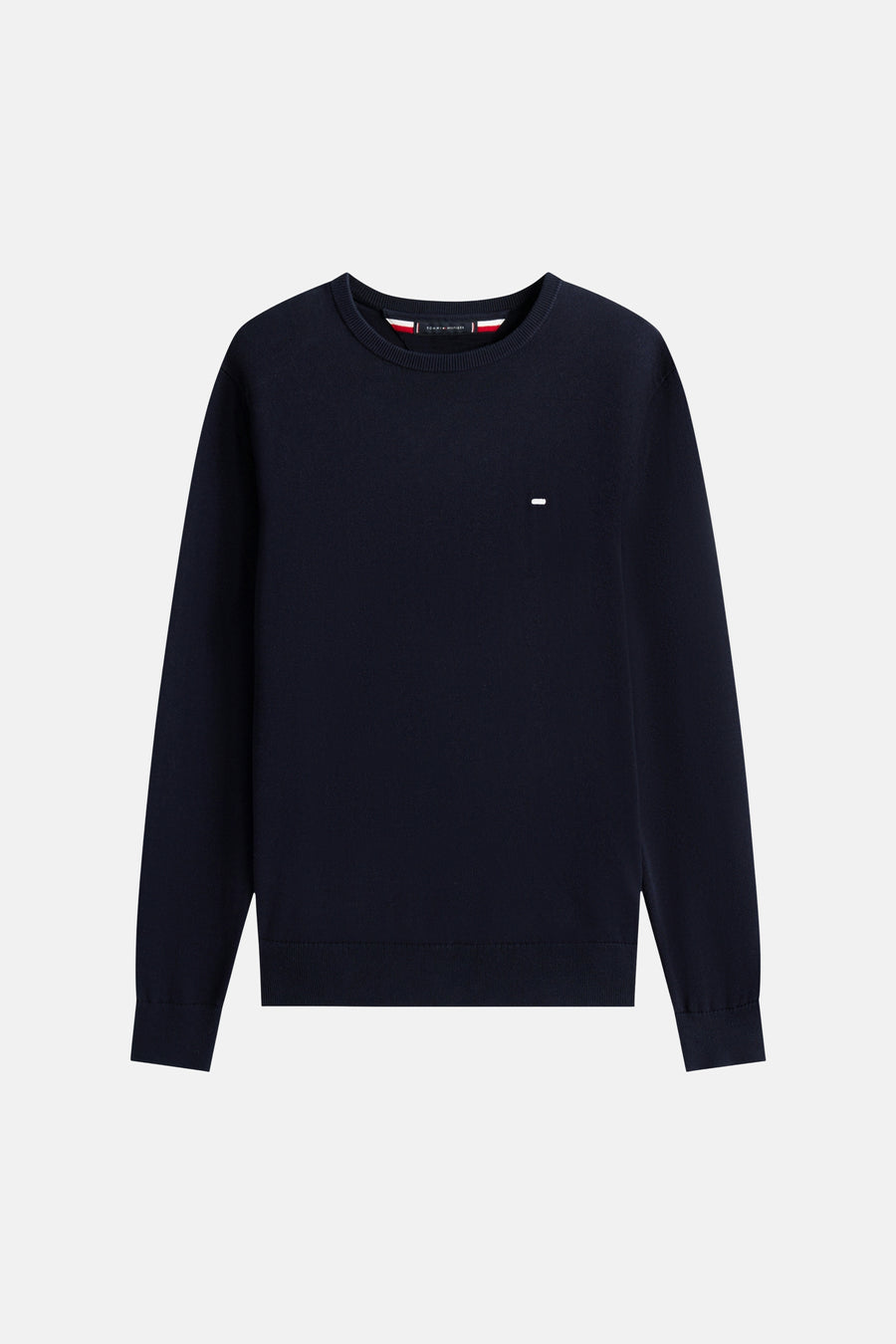 Pull à col rond bleu marine de Tommy Hilfiger, en tricot lisse avec un petit logo discret.