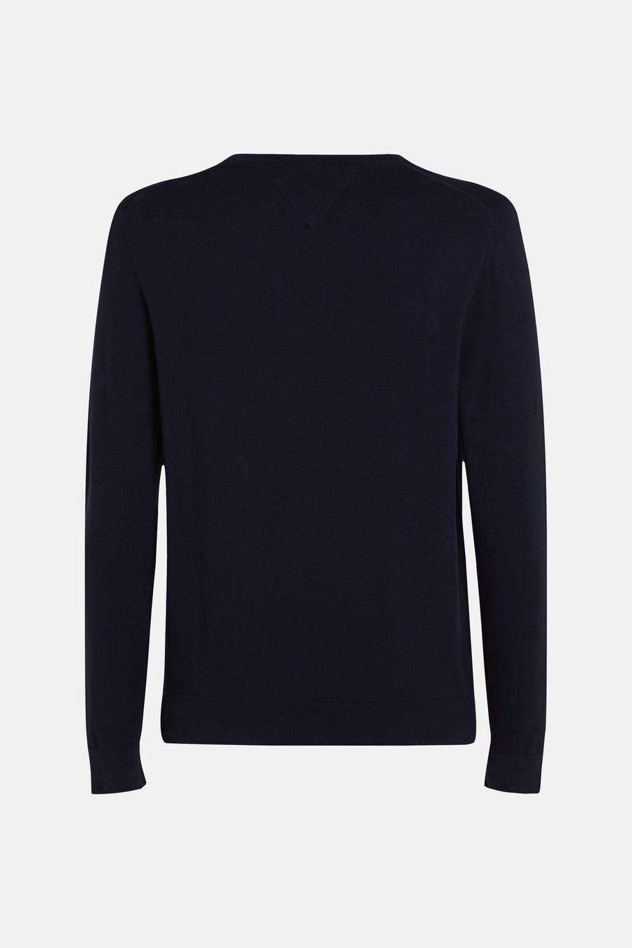 Pull à col rond bleu de Tommy Hilfiger, en maille fine unie, vue de dos.