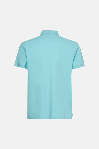 Polo à manches courtes bleu de TOMMY HILFIGER, vue arrière, en maille piquée avec col classique.