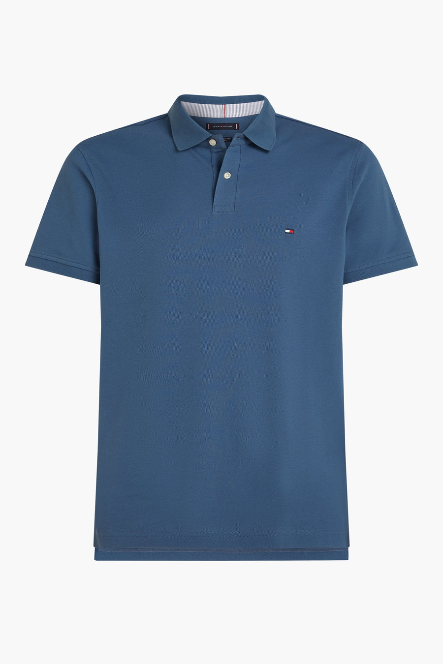 Blauwe Tommy Hilfiger korte mouw polo met een gestreepte kraag en een genaaid logo.