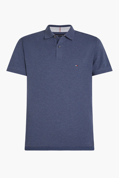 Navy blue piqué polo shirt by Tommy Hilfiger with small flag logo on chest and striped inner collar, front view