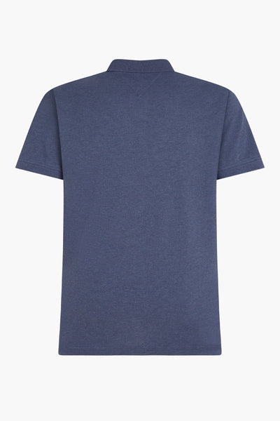 Blue polo shirt back view, short sleeves, ribbed collar, textured piqué fabric, solid color, clean design
