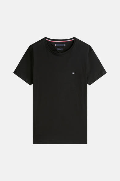 T-shirt à manches courtes noir de Tommy Hilfiger avec col à rayures et logo discret.