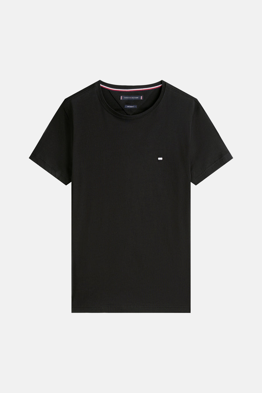T-shirt à manches courtes noir de Tommy Hilfiger avec col à rayures et logo discret.