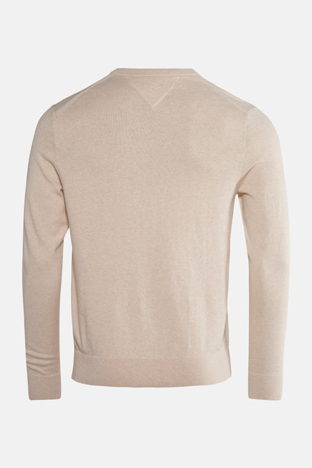 Beige ronde hals trui van TOMMY HILFIGER, subtiele gebreide textuur, klassieke pasvorm.