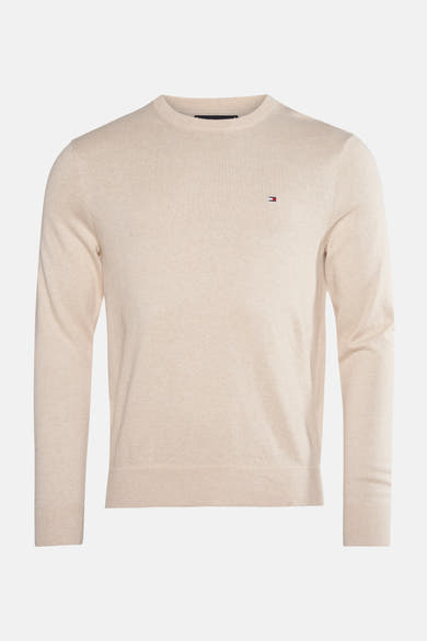 Beige ronde hals trui van TOMMY HILFIGER, met discreet logo op de borst.