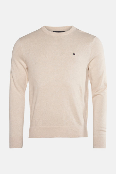 Beige ronde hals trui van TOMMY HILFIGER, met discreet logo op de borst.