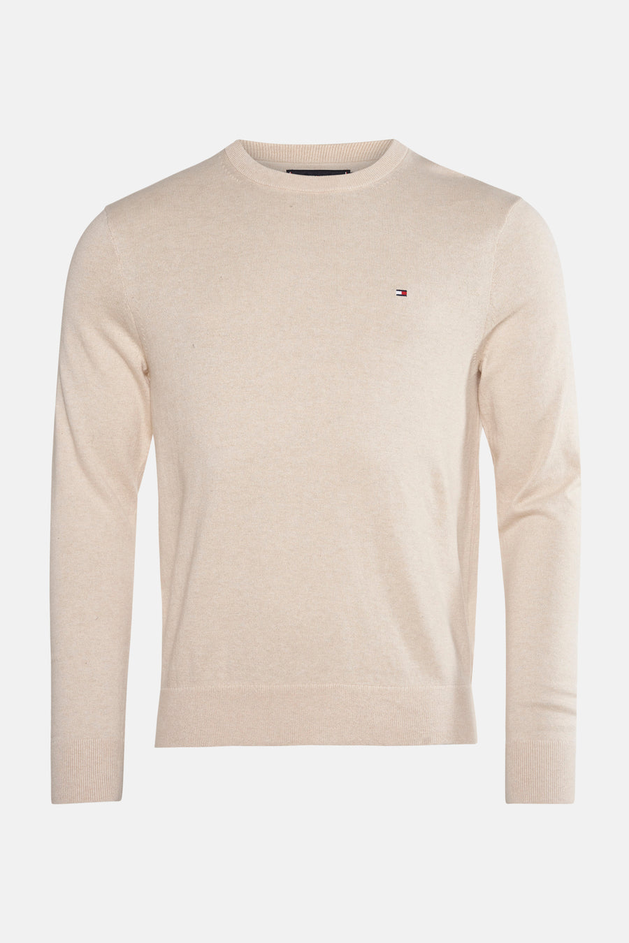 Beige ronde hals trui van TOMMY HILFIGER, met discreet logo op de borst.