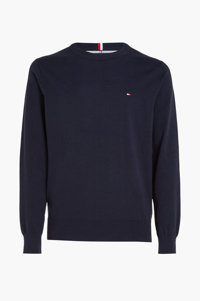 Donkerblauwe gebreide trui van Tommy Hilfiger, met subtiel logo aan de zijkant.