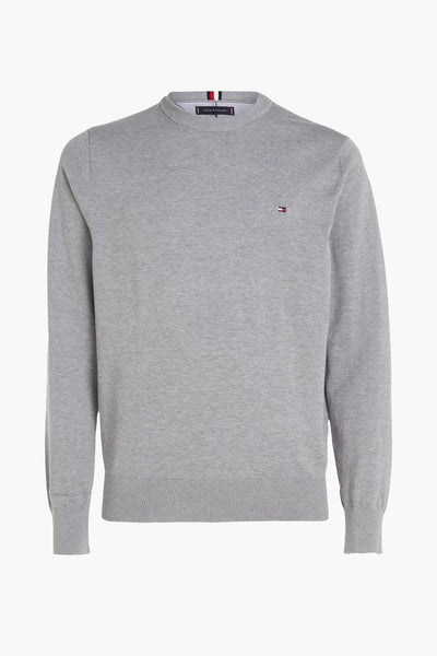 Tommy Hilfiger ronde hals grijze trui, effen fijngebreid met discreet logo op de borst.