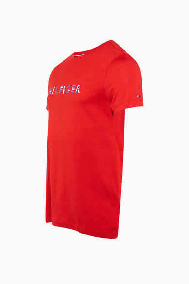 Red short-sleeve T-shirt by Tommy Hilfiger with bold logo print and flag tag on sleeve, side view