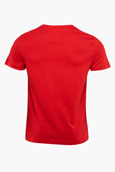 Red short-sleeve t-shirt back view, solid color, smooth cotton texture, crew neck with stitched hem details