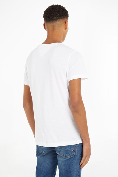 White short-sleeve t-shirt with V-neck back view, worn with blue jeans, plain cotton texture