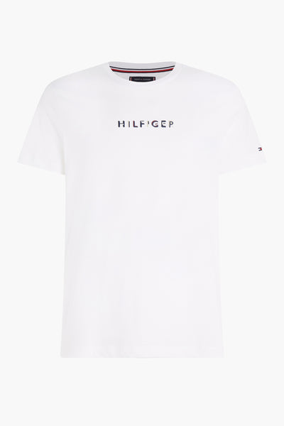 White short-sleeve T-shirt by Tommy Hilfiger with embroidered HILFIGER logo and striped collar trim, front view