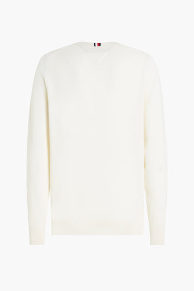 Ecru ribbed knit crewneck sweater with V-neck back detail and striped neckband, front view