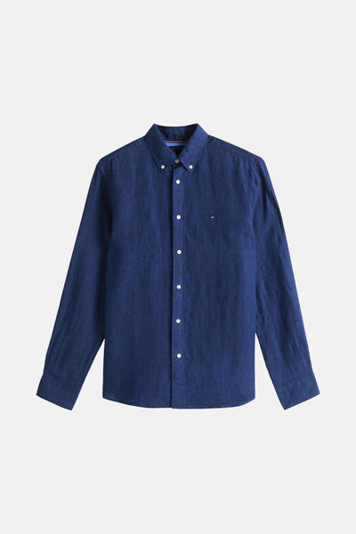 Donkerblauwe blouse met lange mouwen van TOMMY HILFIGER, met witte knopen en logo op de borst.